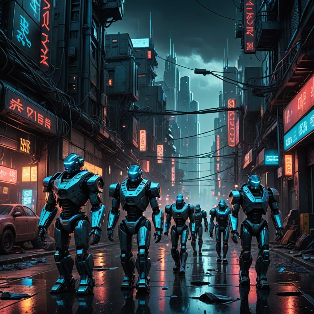Cyberpunk Robots Invade a Futuristic Cityscape