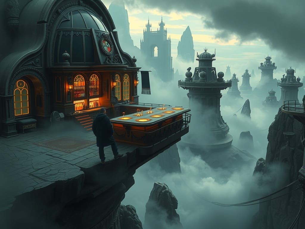Ornate Bar on Cliff Edge with Misty Landscapes