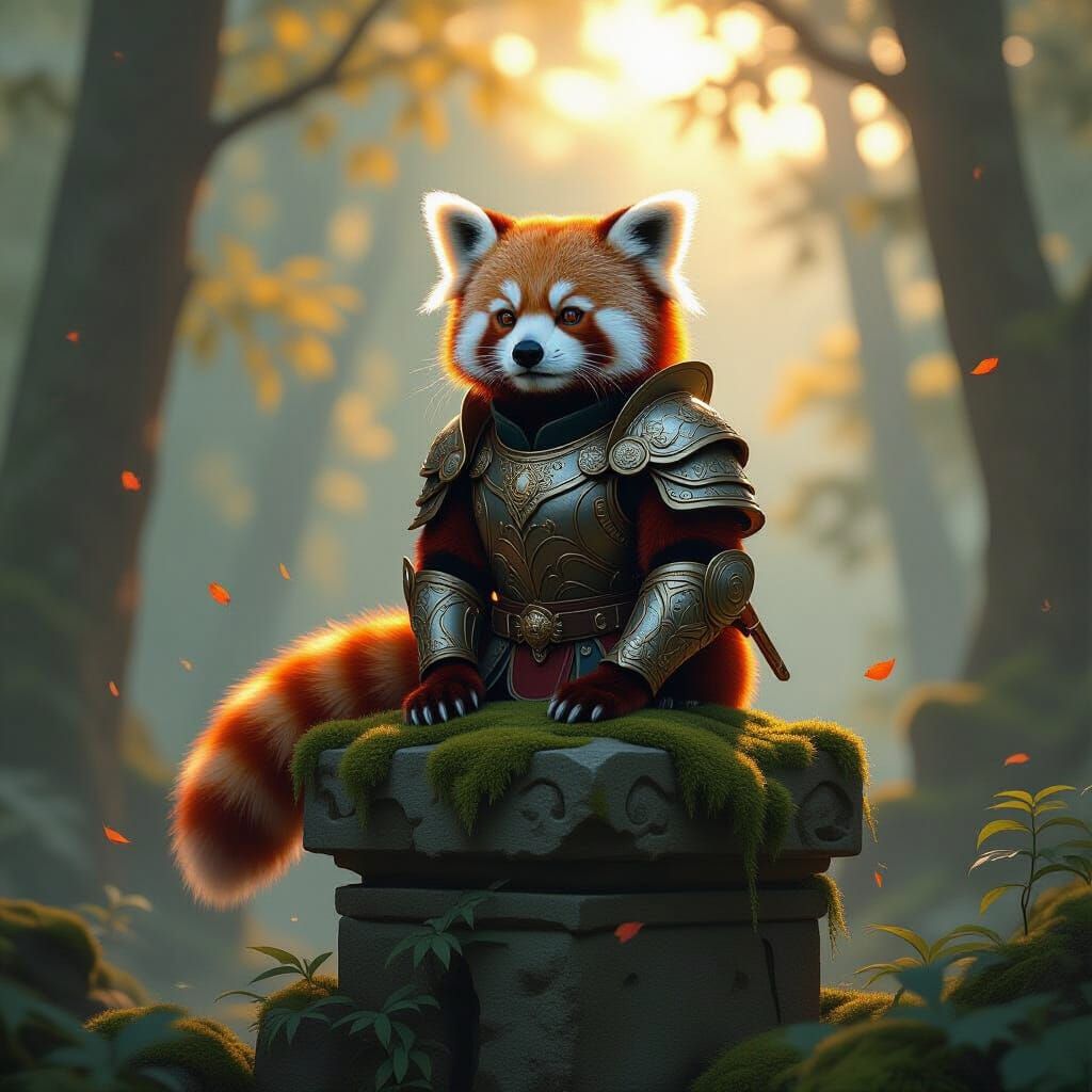 Red Panda Warrior in Shimmering Armor in Misty Forest