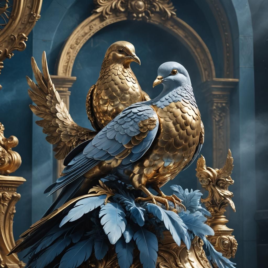 Golden Dove Statue on Blue Throne: Digital Art