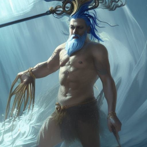 Ancient Mermaid King with Golden Trident in Dark Fantasy Sty...