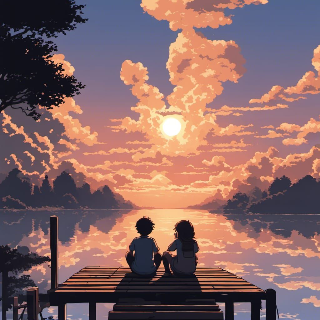 Sunset Silhouette: Boy and Girl in Ghibli Pixel Art
