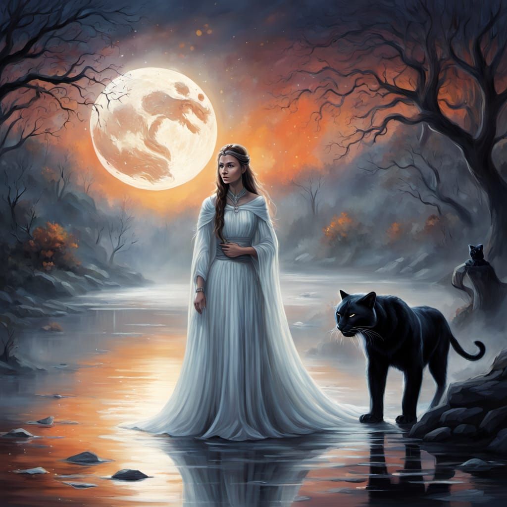 Sorceress by Moonlit River: A Surreal Oil Painting