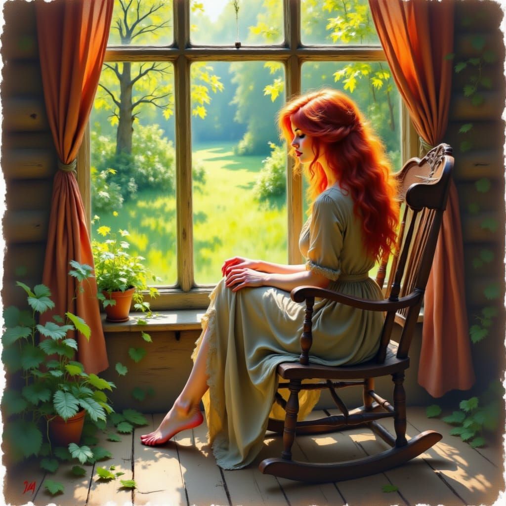 Woman in Cozy Cabin Watercolor Painting