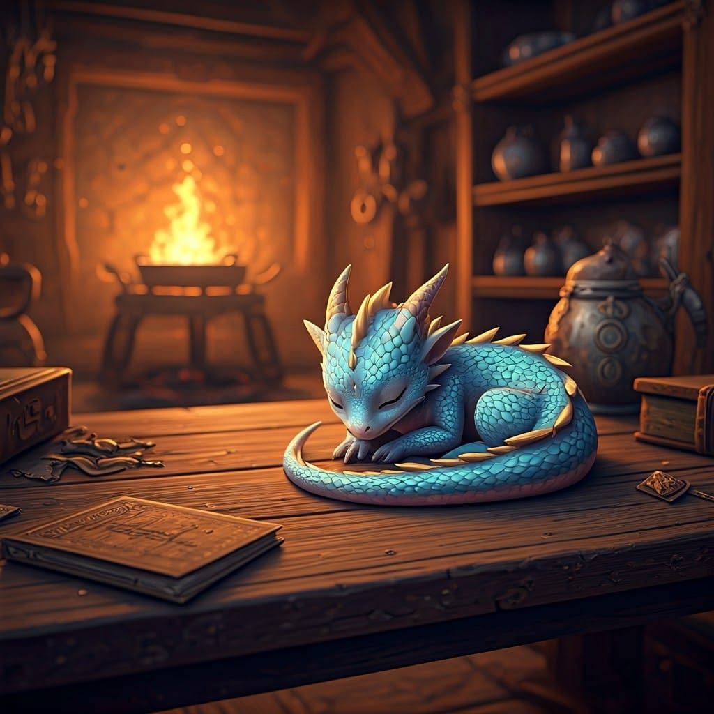 Cozy Dragon Companion in a Treasure Trove Kitchen