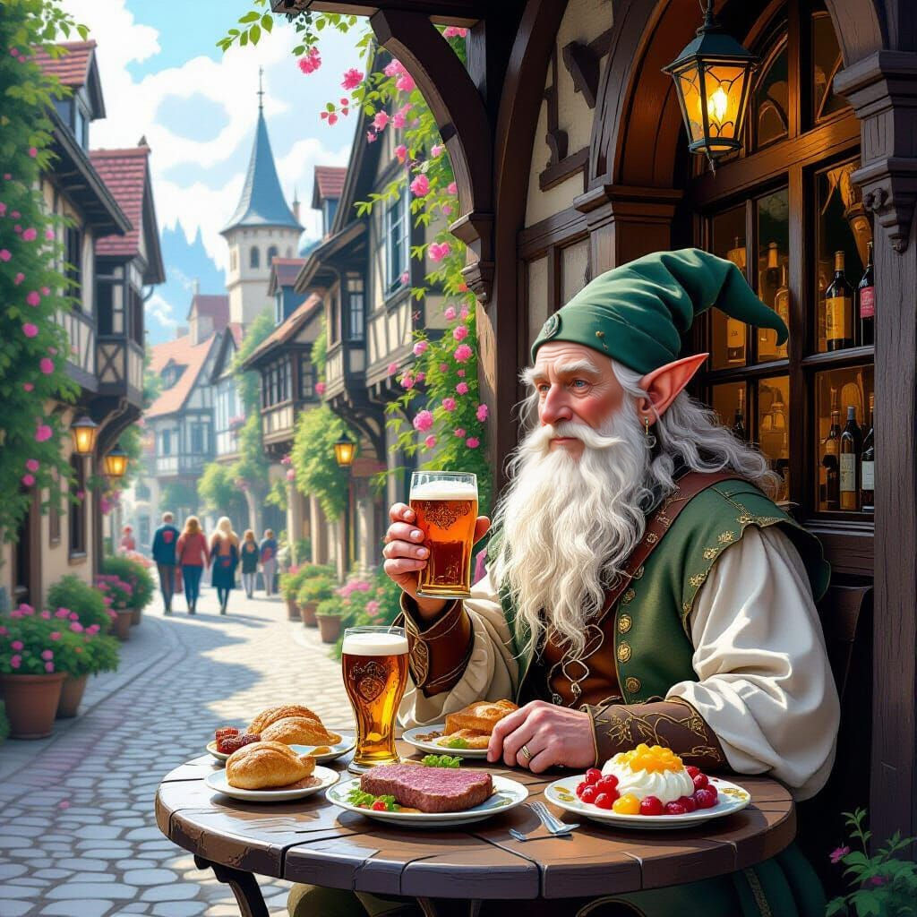 Tolkien Elf Enjoys Wine at Gothic Tavern