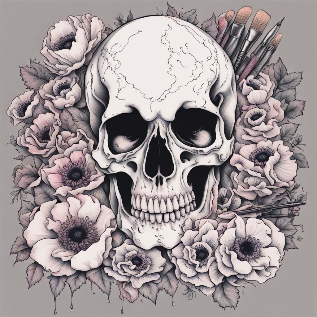 Skull Tattoo Design with Anemones in Pastel Goth Style