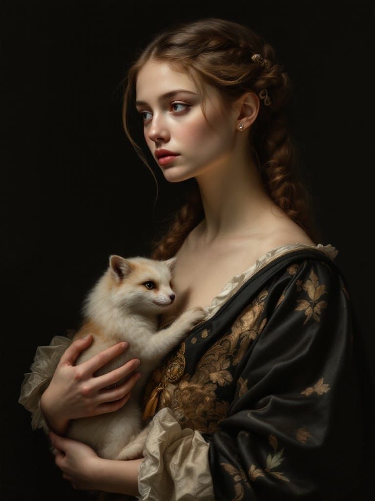 A Serene Renaissance Beauty with Symbolic Companion