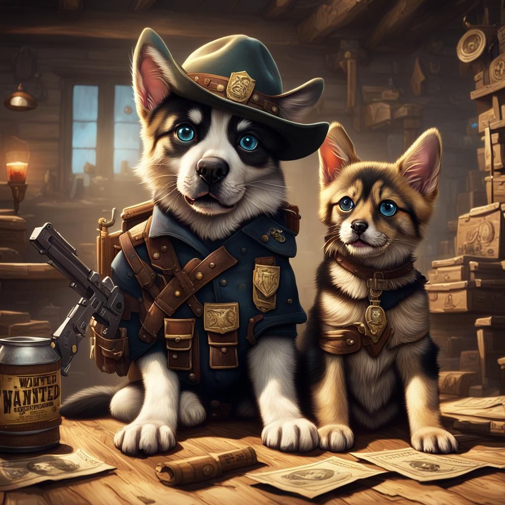 Kitten Gunslinger and German Shepherd Deputy: Wanted!