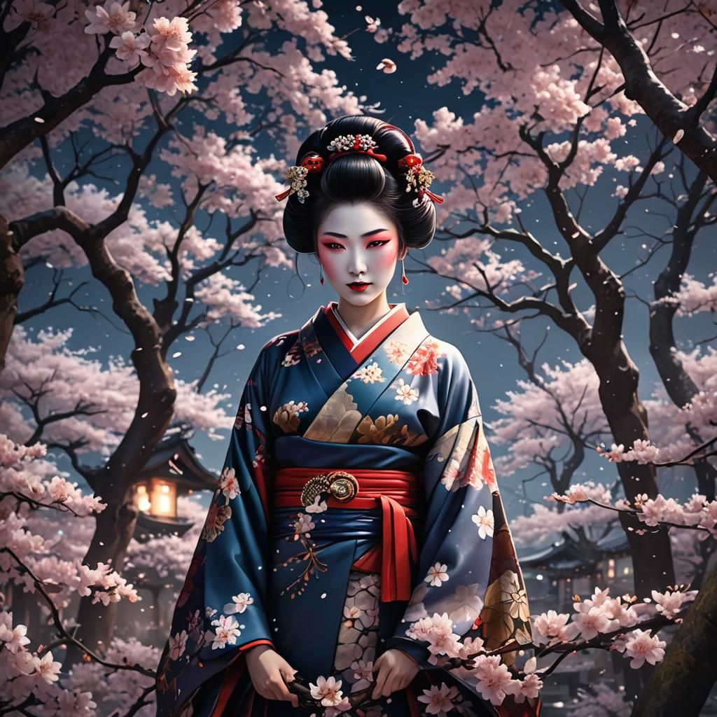 Geisha in Kimono Amidst Cherry Blossoms at Night
