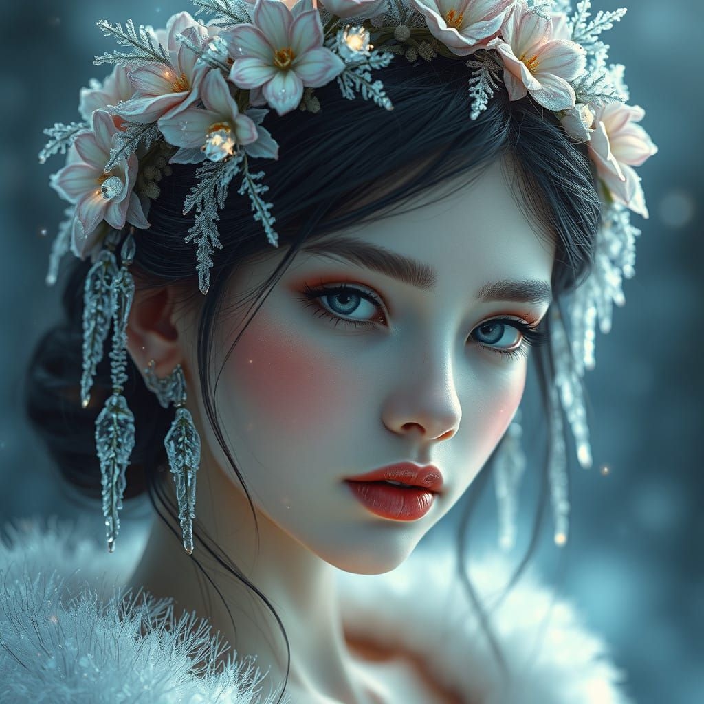 Serene Goddess Adorned with Majestic Snow Wreath