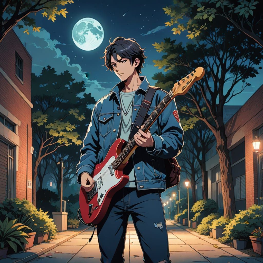 College Boy Rocks Out in Moonlit Campus Courtyard