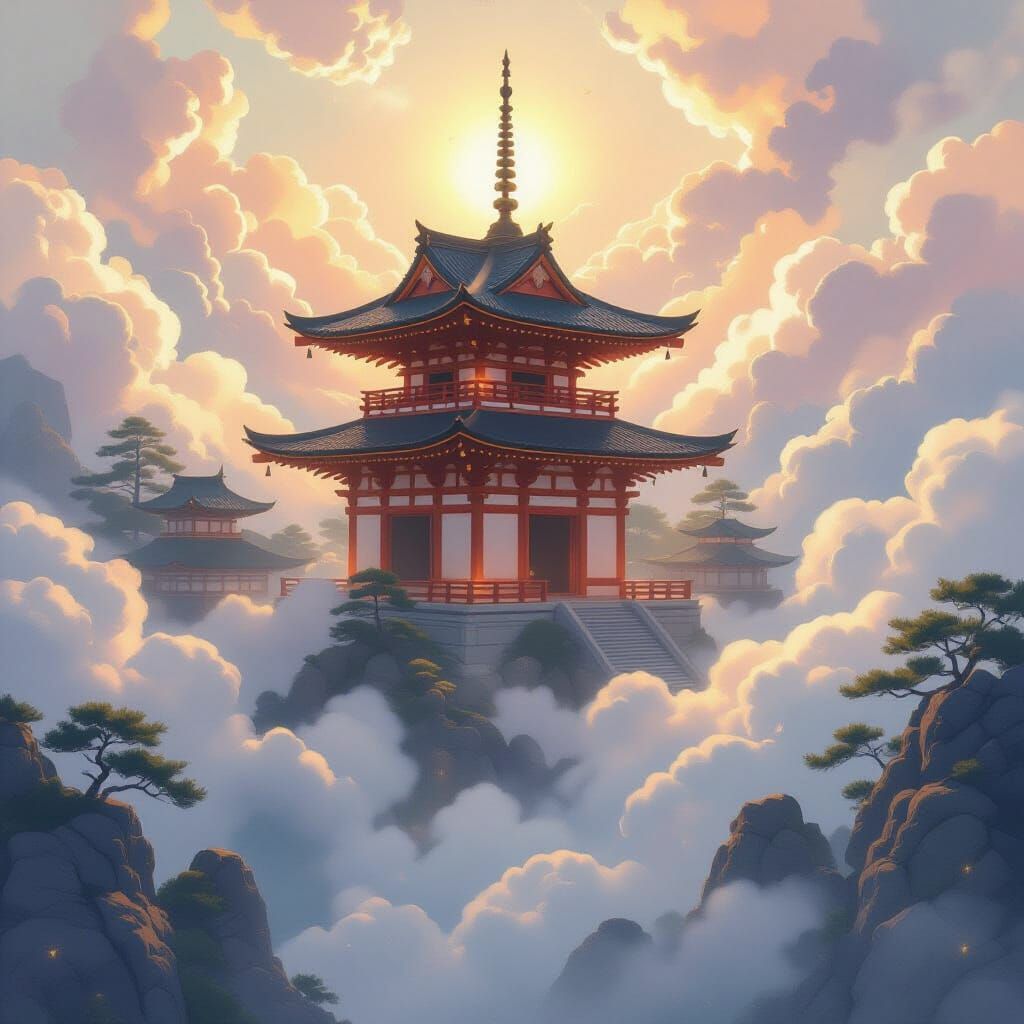 Ethereal Japanese Temple Floating in Clouds