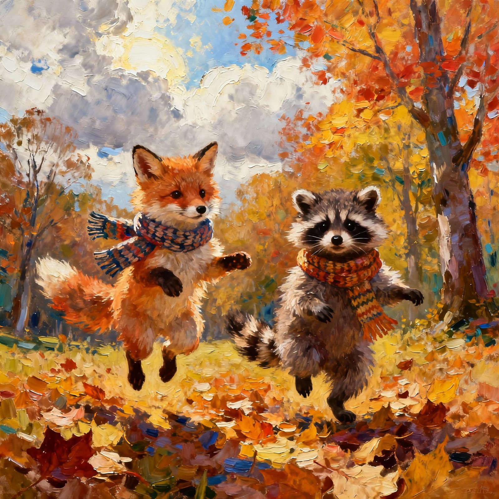 Baby Fox and Raccoon Playing in Fall Leaves