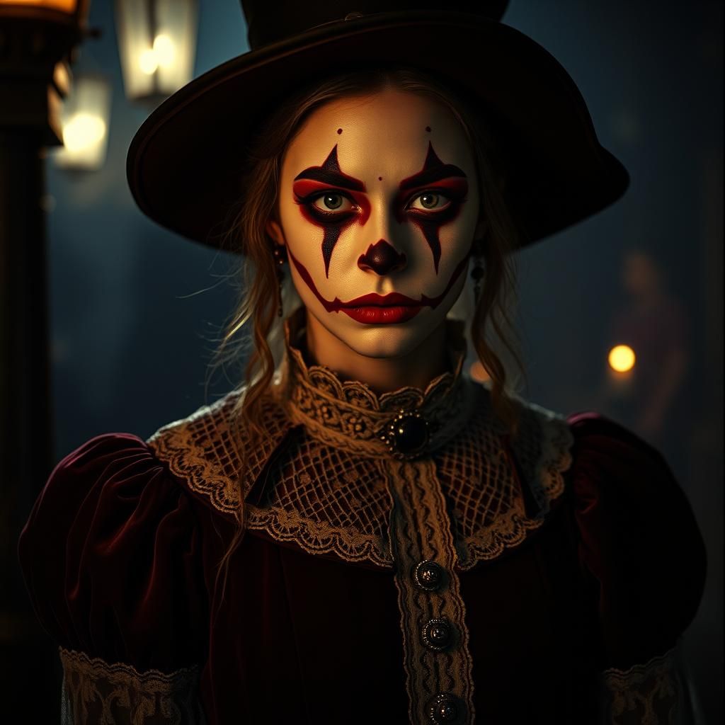 Solemn Witch in Ornate Clown Makeup, Cinematic Film Still
