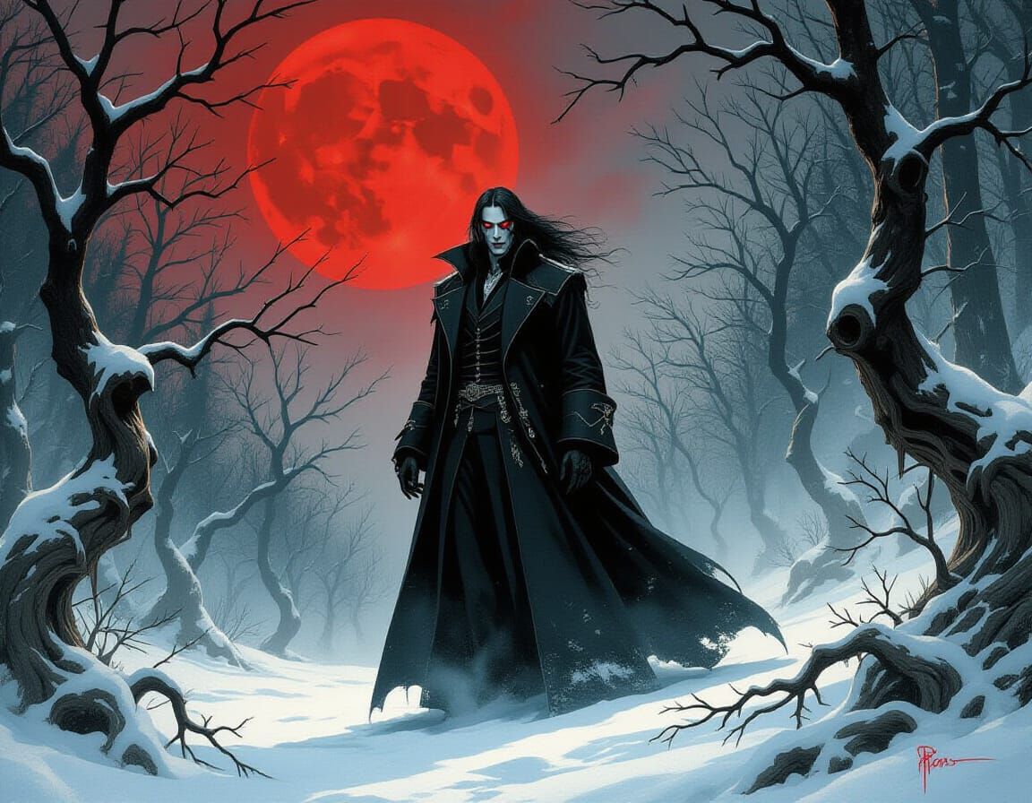 Gothic Vampire in Snowy Forest Under Blood Moon