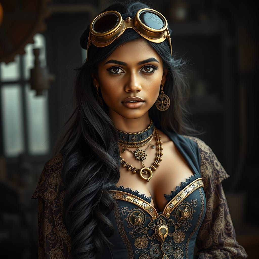Steampunk Oracle in Intricate Mechanical Ensemble