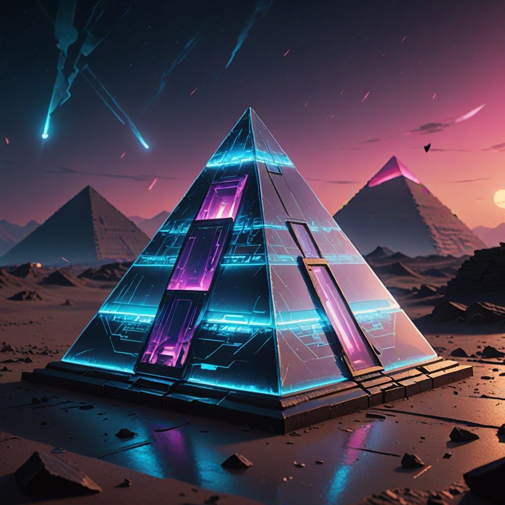 Crystal Pyramid in Desert Night, Cyberpunk Neon