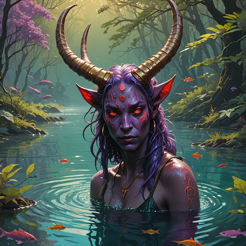 Regal Tiefling Rising from Turquoise Water