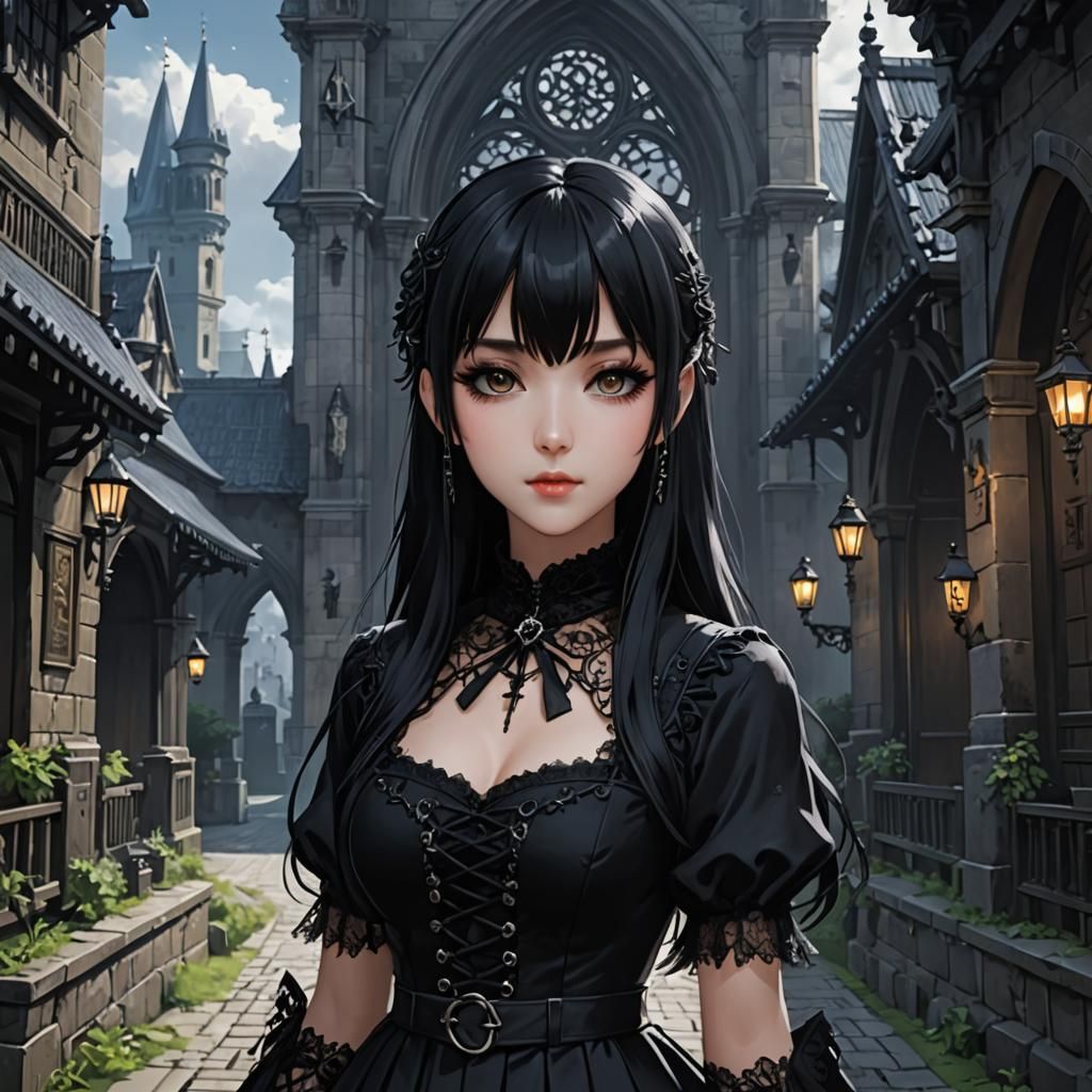 Anime Girl in Gothic Style with Black Hair