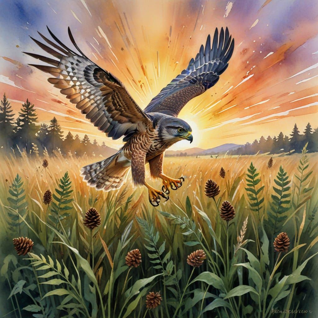 Cooper's Hawk in Sunset Meadow Watercolor Splash Art