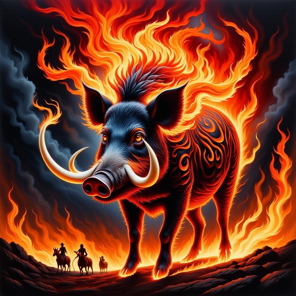 Surreal Firelit Pig Boar Portrait in Triadic Colors