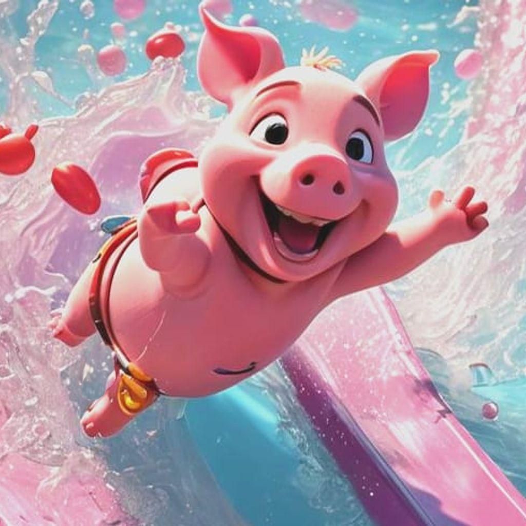 Cute Piglet on Water Slide: 3D Digital Art