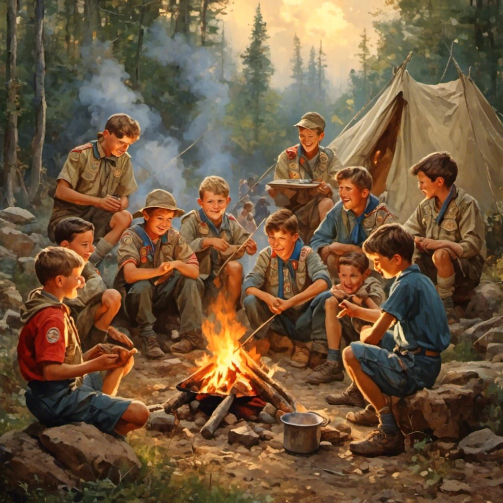 Boy Scouts Campfire Scene in Hyperreal Style