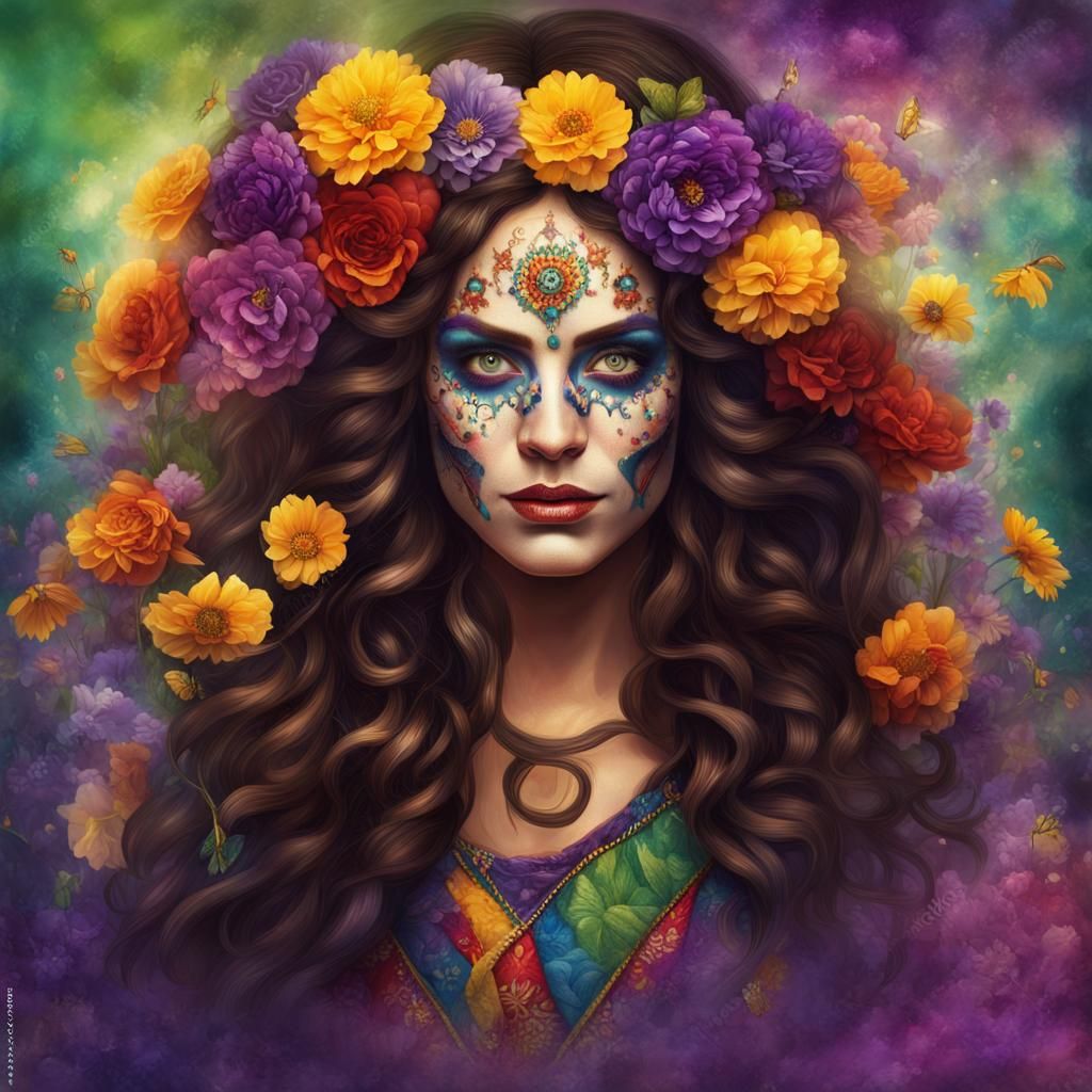 Brunette with Flowers: Circus Acrobat Fantasy Art