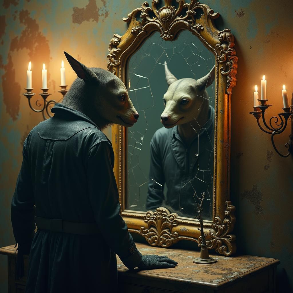 Surreal Zoanthropy: Animalistic Figure in Antique Mirror