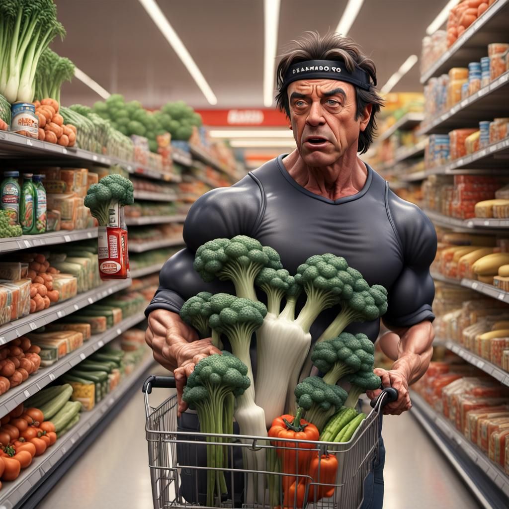 Fiery Grocery Run: Rambo with Leeks, 3D Digital Art