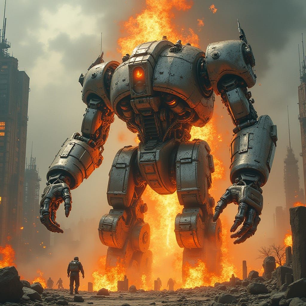 Exploding Metallic Robot in Futuristic Cityscape