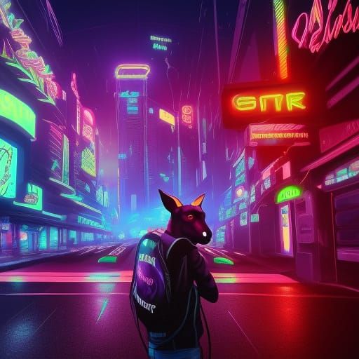 Cyberpunk Kangaroo in Neon Cityscape