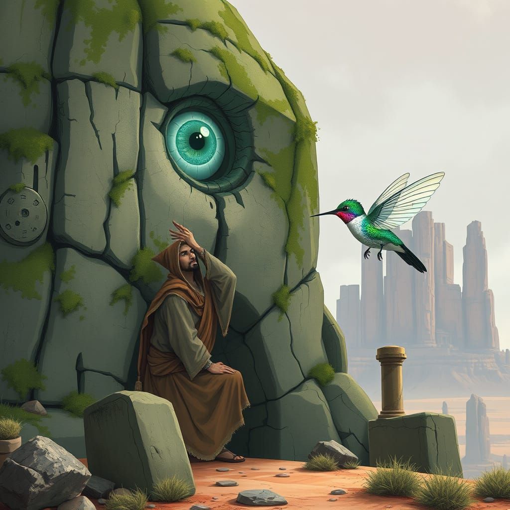 A 50-foot stone giant, covered in moss and crumbling ruins, ...