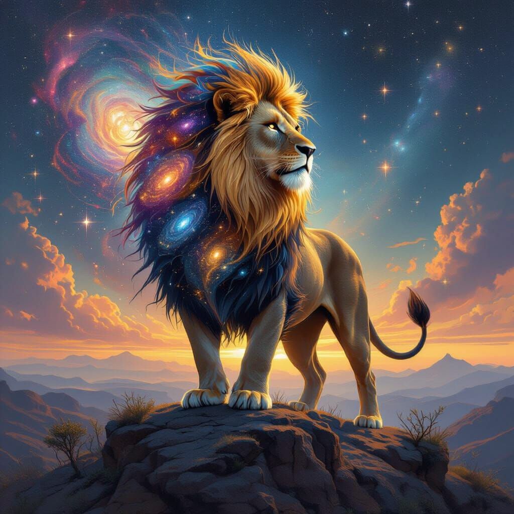 Cosmic Lion with Galaxy Mane in Surreal Style