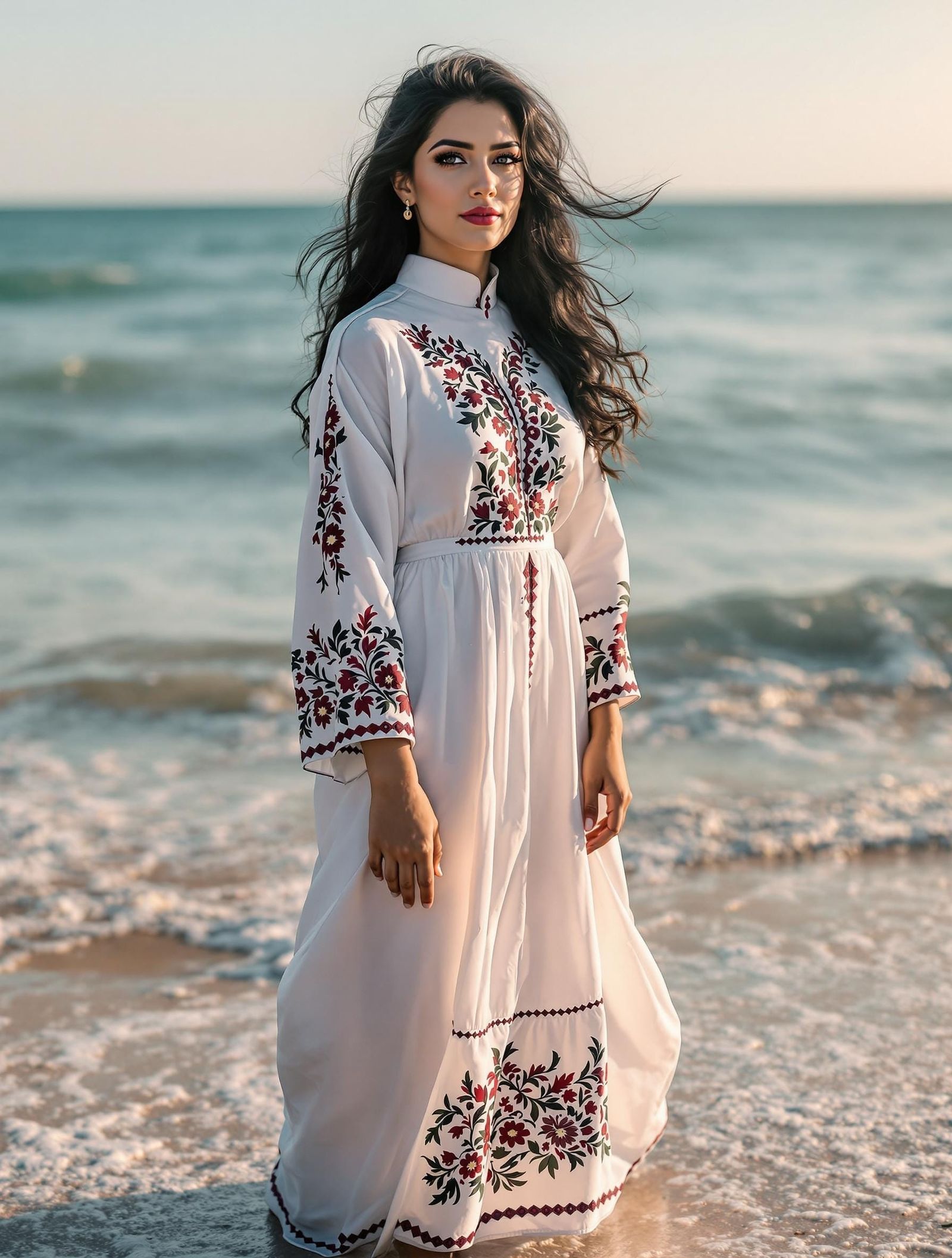 Palestinian Woman in Traditional Dress on Gaza Beach