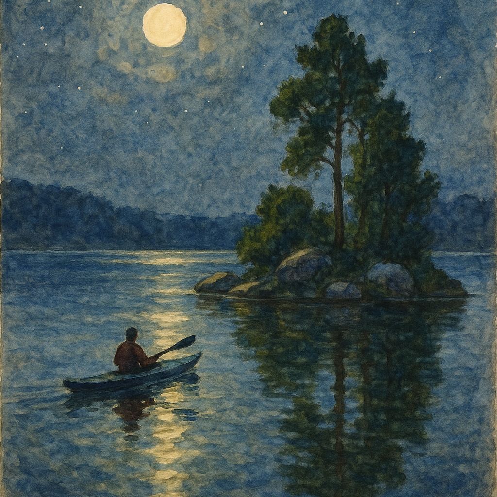 Kayaker on Starry Lake: Watercolor Painting