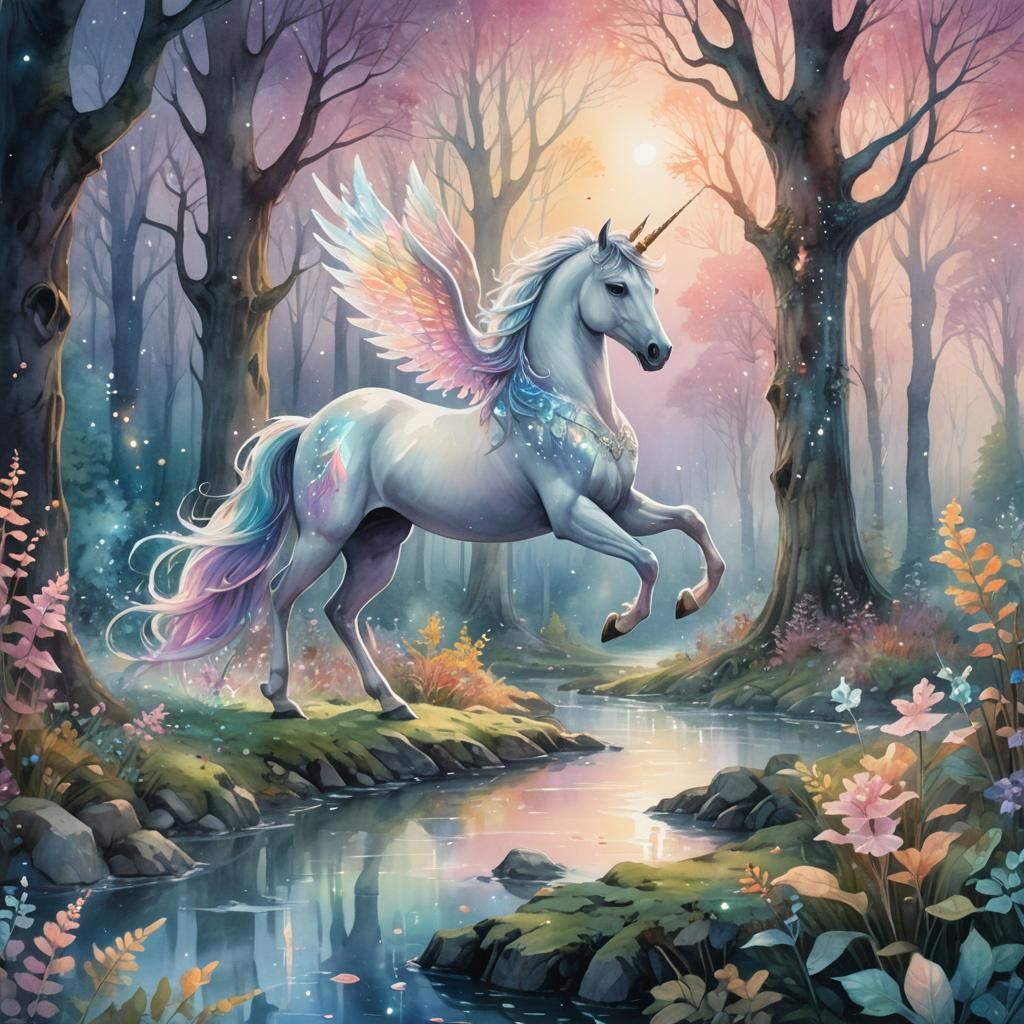 Unicorn in Crystal Forest: Vibrant Watercolor Art