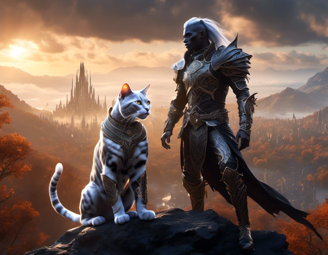 Hyperrealistic Dark Elf Warrior Overlooking Forest City