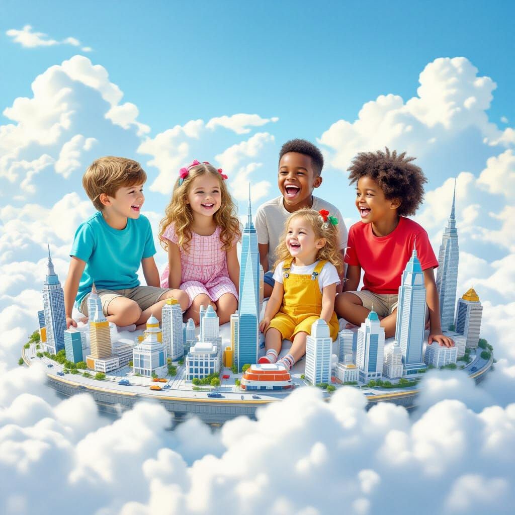 Children Explore Miniature Cloud City in Realistic Photograp...