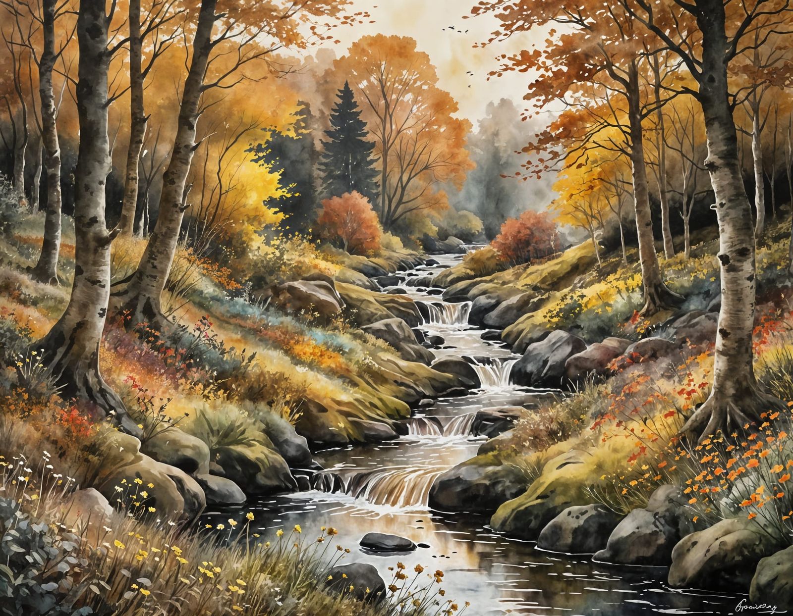 Autumnal Forest Stream Under Moody Watercolour Sky