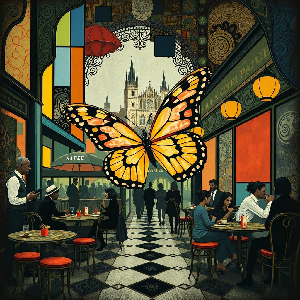 Butterfly in Prague Cafe with Art Nouveau Elements