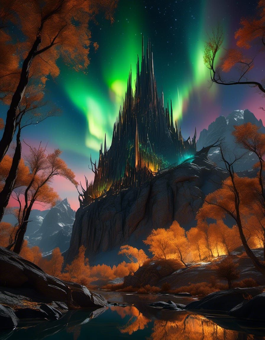 Rivendell's Elven Spires Under Aurora Borealis Sky