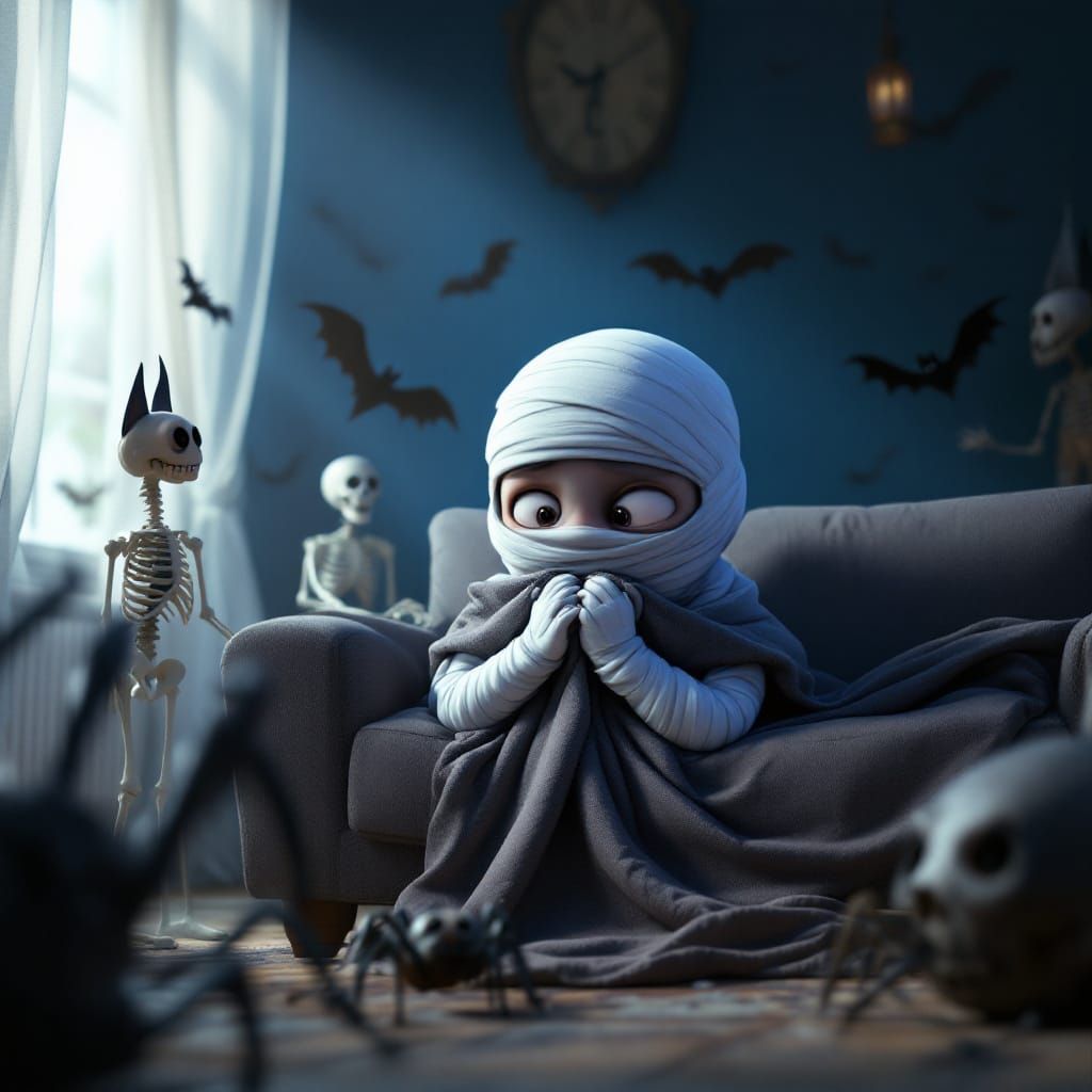 Timid Mummy Scared by Haunted House Decorations in Pixar Sty...