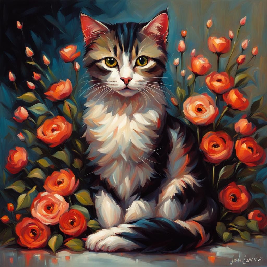 Charming Cat Portrait with Floral Accents