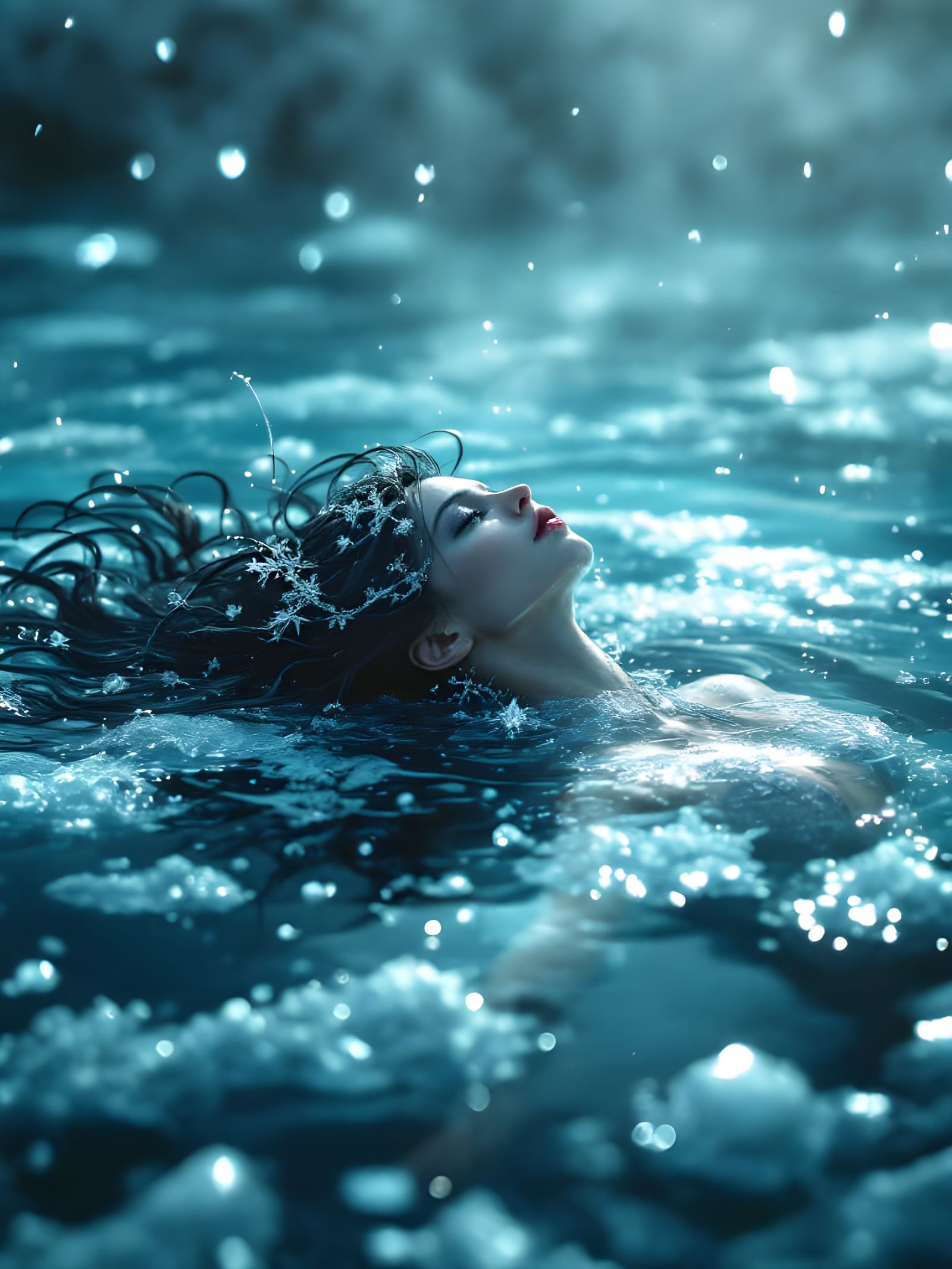 Frozen Lady in Lake: Surreal Cinematic Art