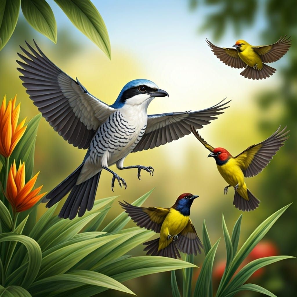 Birds in a Peaceful Garden in Whimsical Watercolor