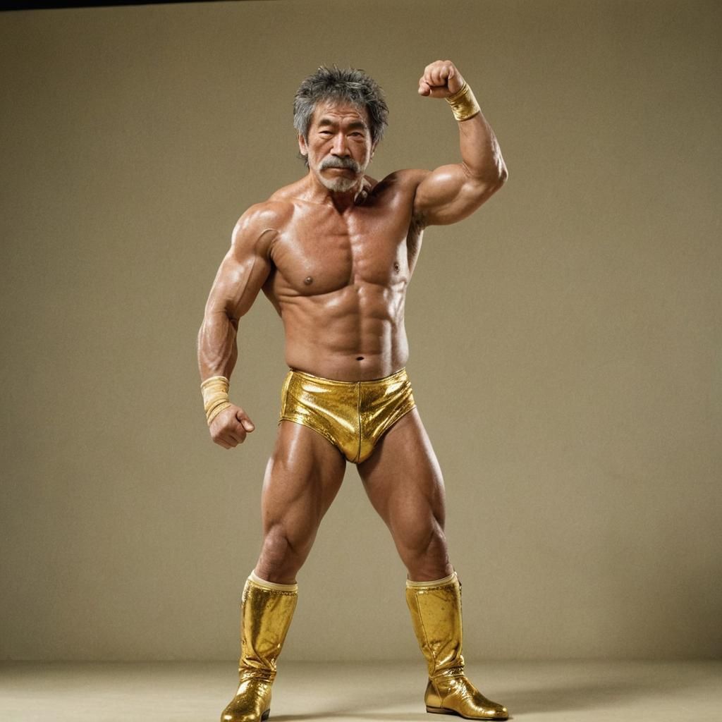 Victorious Japanese Wrestler in Golden Light, Photography