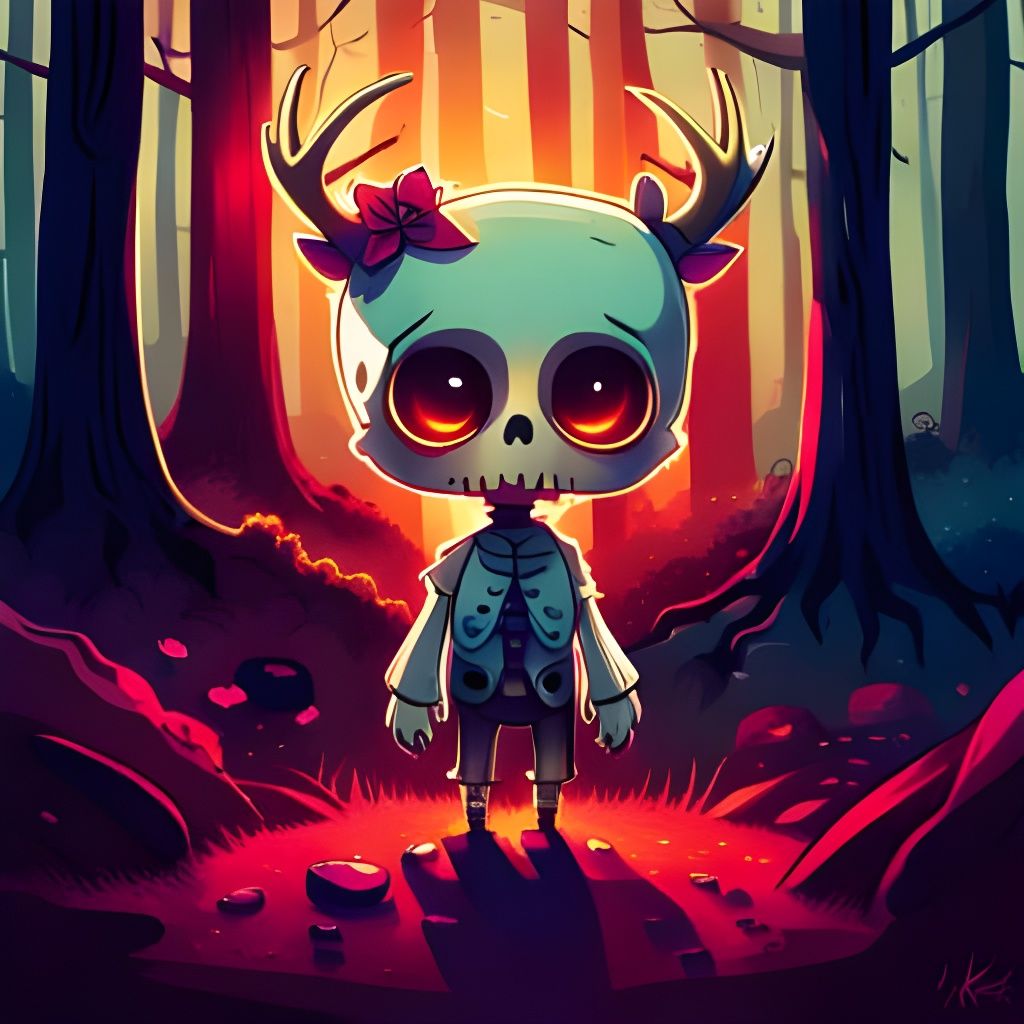 Chibi Skeleton with Antlers in Spooky Forest