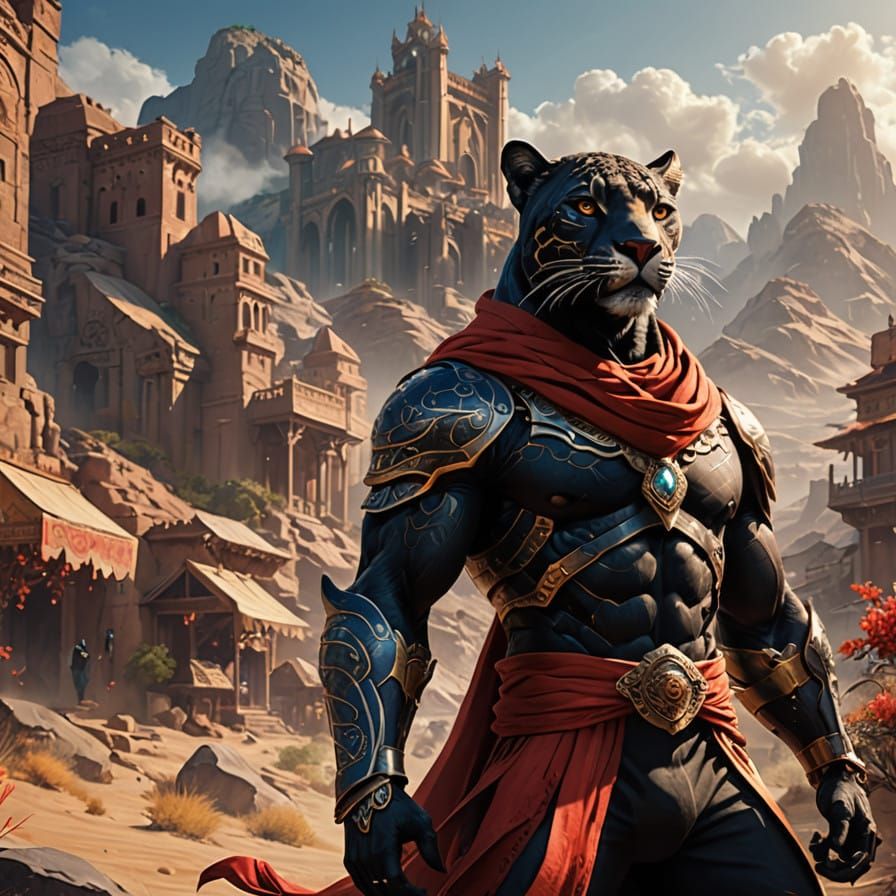 Regal Black Jaguar Anthro Hero in Majestic Desert Cityscape